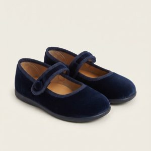 Ballerina in Velluto Blu Navy con Strappo in Velcro e Dettaglio a Bottone