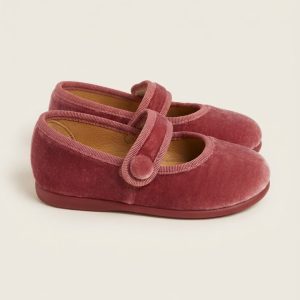 Ballerina in Velluto Ros&eacute; con Strappo in Velcro e Dettaglio Bottone
